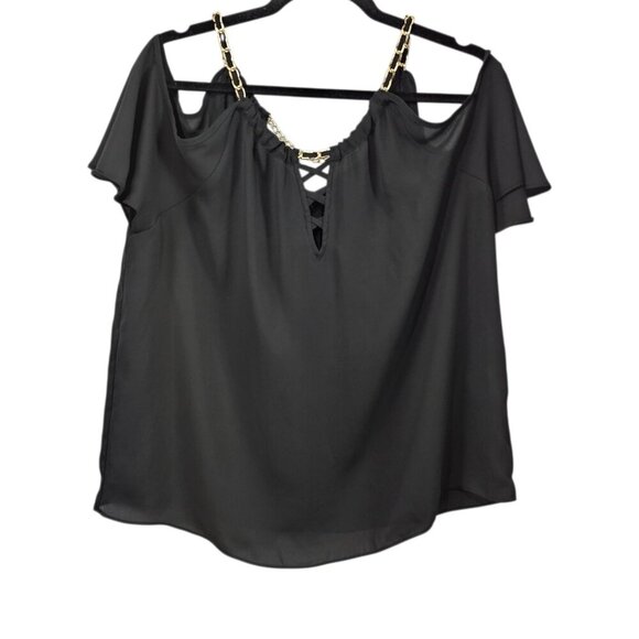 💎INC International Concepts Lace-Up Cold-Shoulder Chain Black Top - Picture 2 of 8